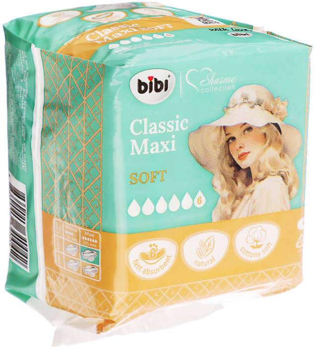Прокладки гигиенические BiBi Classic Maxi Soft ночные, 6 капель, п/э,8 шт