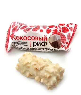 Конфеты Кокосовый риф 1 кг шоколадные с кокосовой начинкой в вафельной крошке и белом шоколаде 