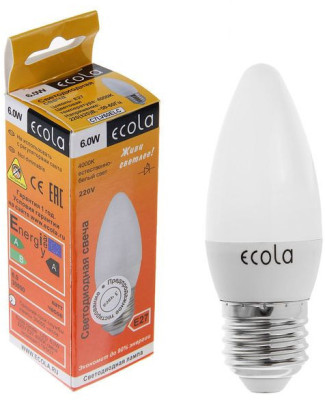 Лампа светодиодная Ecola "свеча", E27, C37, 6 Вт, 4000 K, 101x37 мм, дневной белый