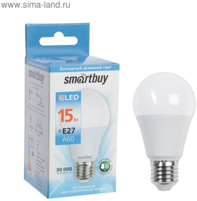 Лампа светодиодная Smartbuy, Е27, А60, 20 Вт, 6000 К, холодный белый свет