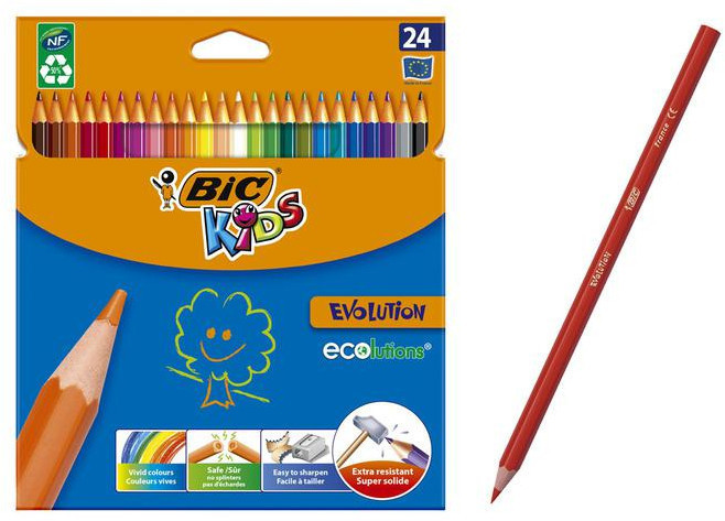 Цветные карандаши 24 цвета, детские, шестигранные, ударопрочные, BIC Kids Evolution