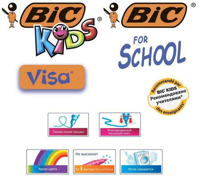 Фломастеры 12 цветов BIC Kids Visa, детские, смываемые, тонкое письмо